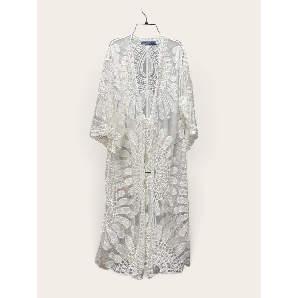 Highness White Lace Kimono Duster Long Sheer Embroidered Cover Up One Size